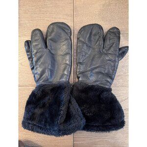 Vintage Selected Top Grain Black Leather Mittens Long Cuff Faux Fur Trim